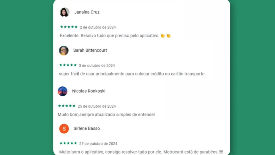 Avaliações de usuários do Metrocard App na Google Play.