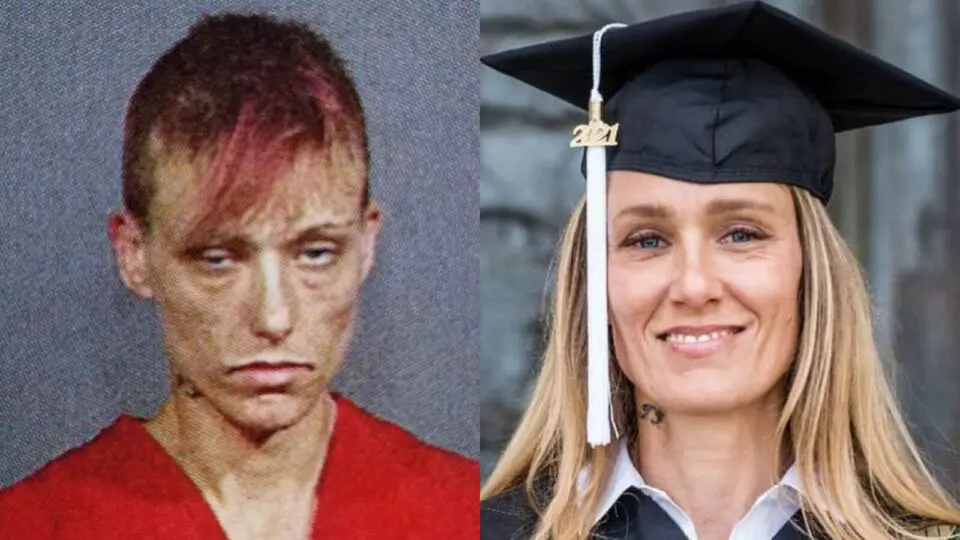 Ginny Burton: à esquerda, em uma das muitas detenções. À direita, formando-se na faculdade.