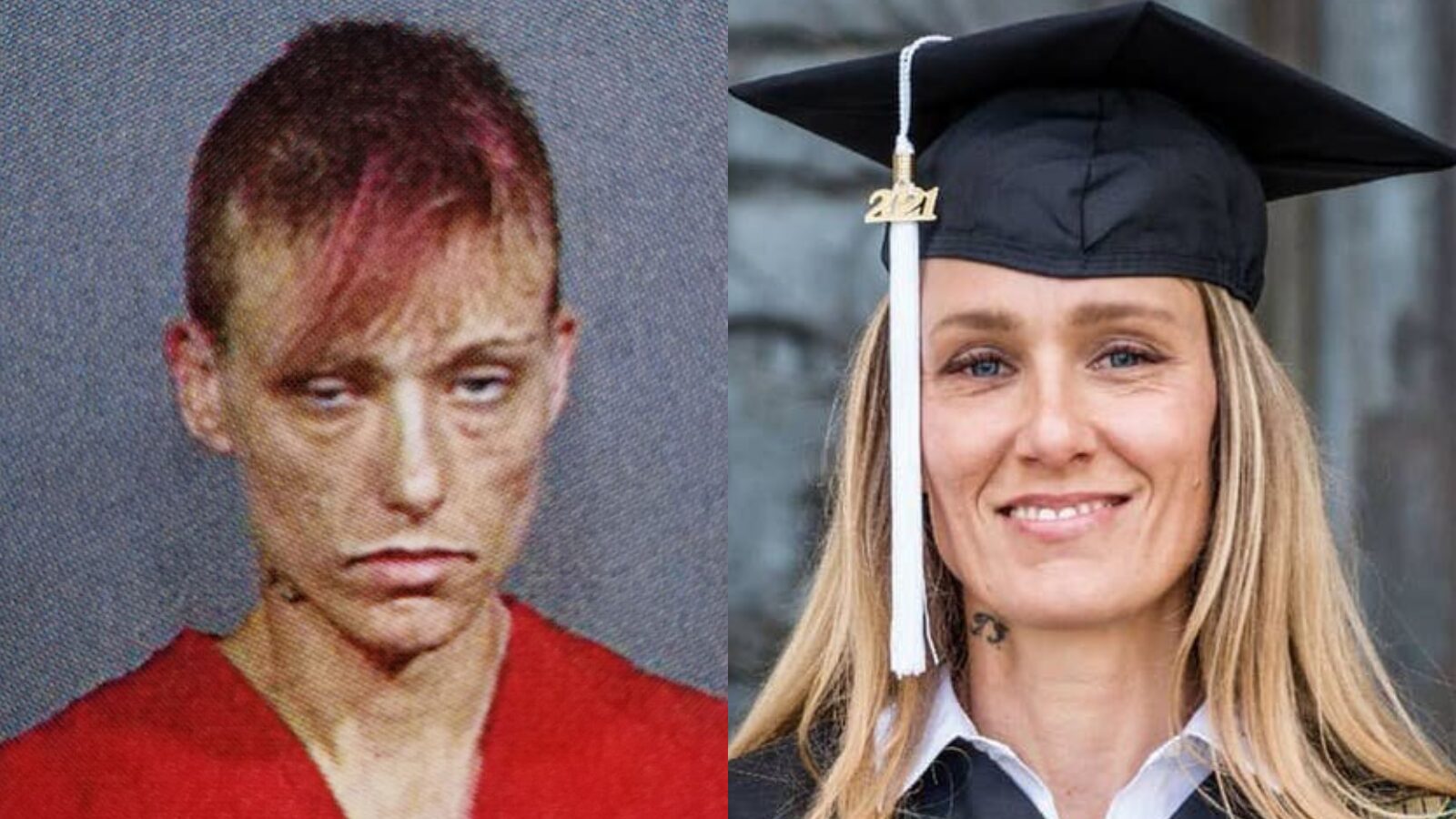 Ginny Burton: à esquerda, em uma das muitas detenções. À direita, formando-se na faculdade.