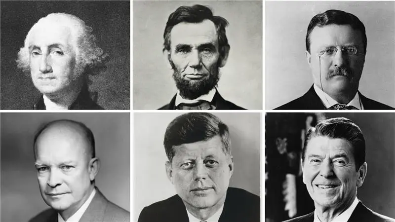 Os presidentes George Washington, Abraham Lincoln, Theodore Roosevelt, Dwight D. Eisenhower, John F. Kennedy e Ronald Reagan: estabilidade democrática.