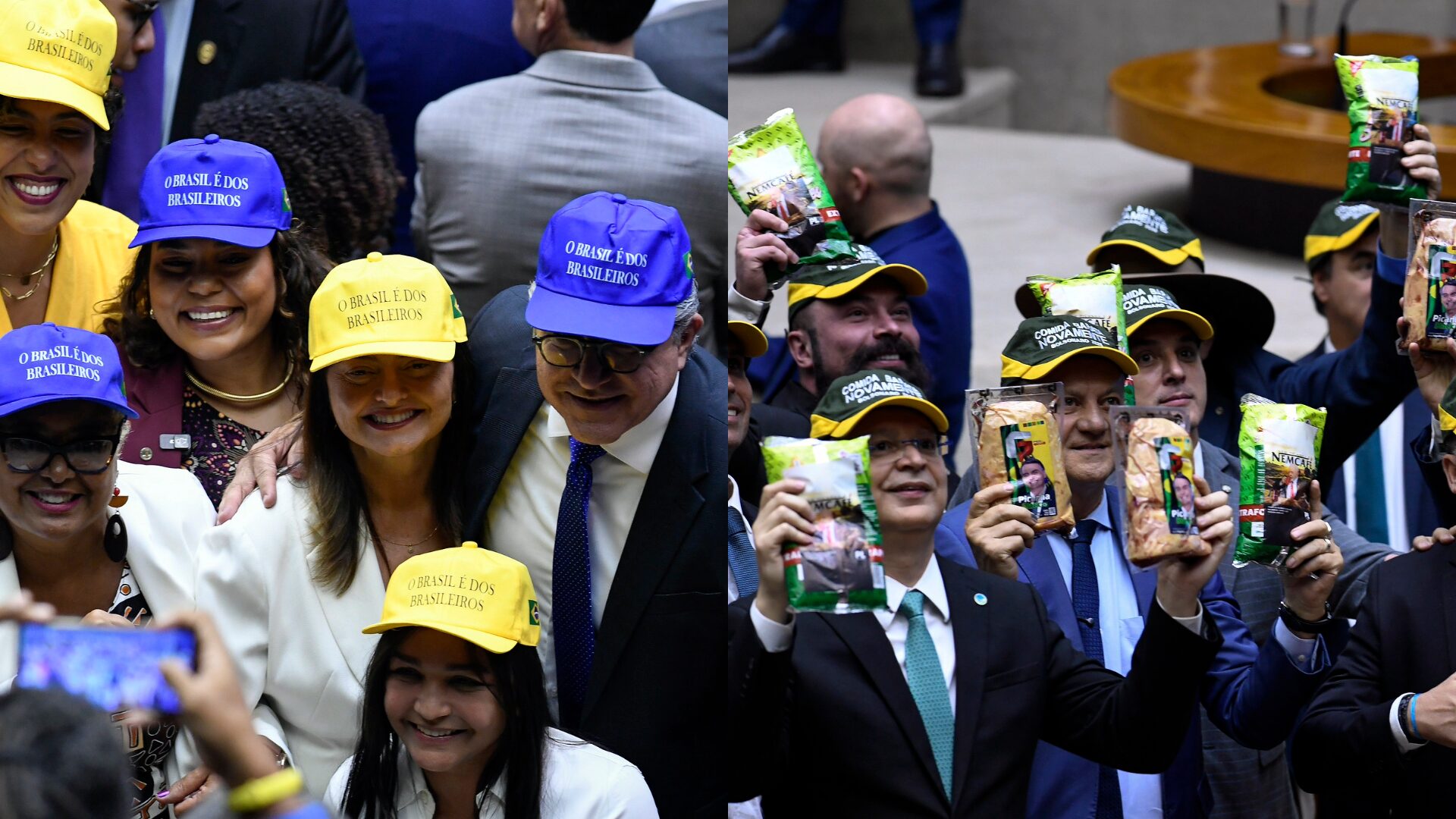 Base do governo adotou boné com a frase “O Brasil é dos brasileiros”, já a oposição protestou com bonés, picanha e “nem café”.