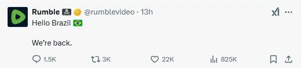 Anúncio do Rumble em seu perfil no X sobre reativação da plataforma no Brasil