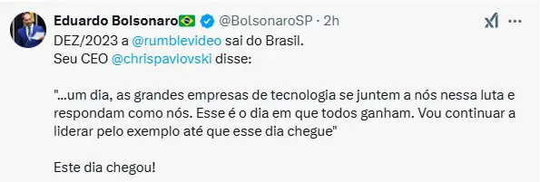 Deputado Eduardo Bolsonaro (PL-SP) comenta retorno do Rumble ao Brasil no X