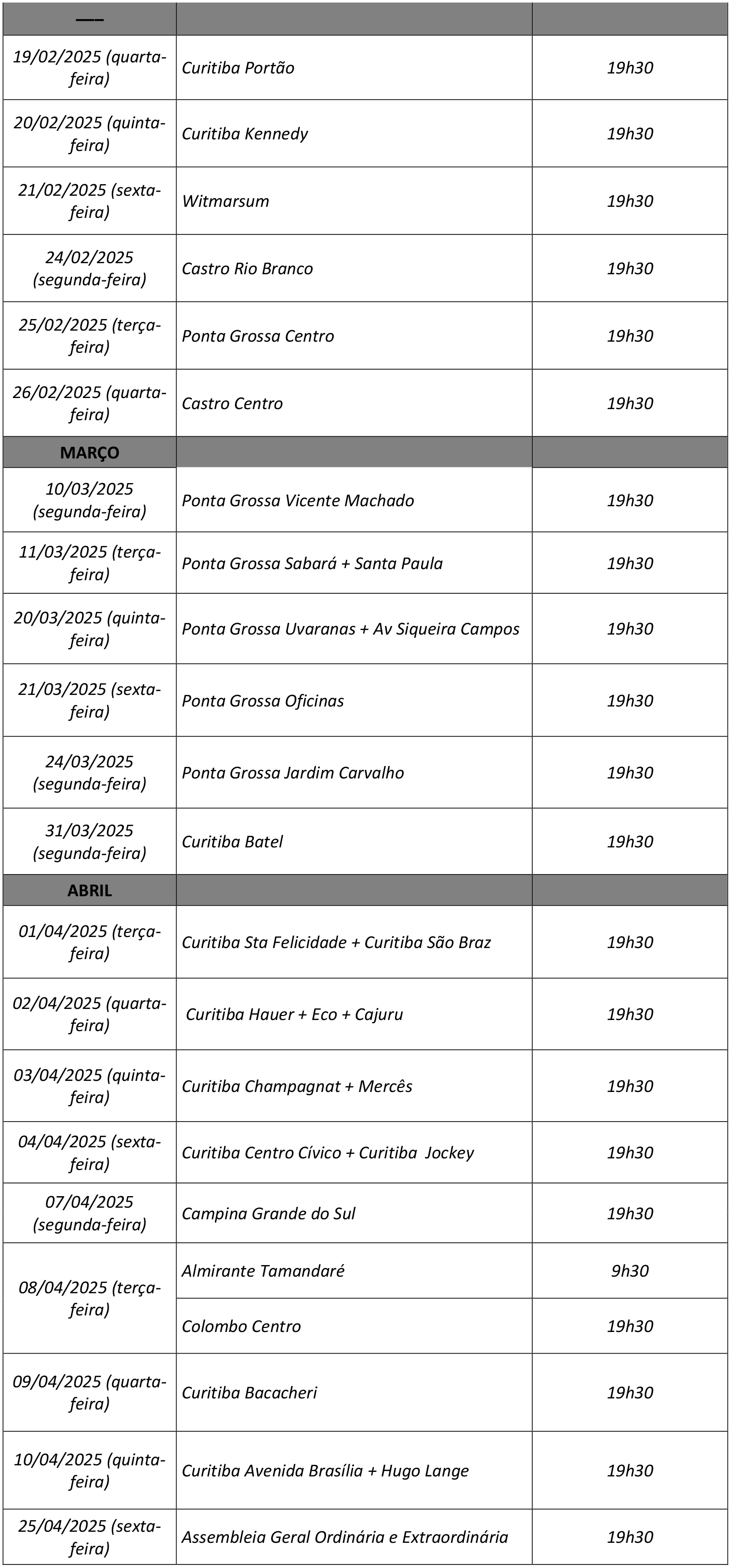 Calendário de Assembleias