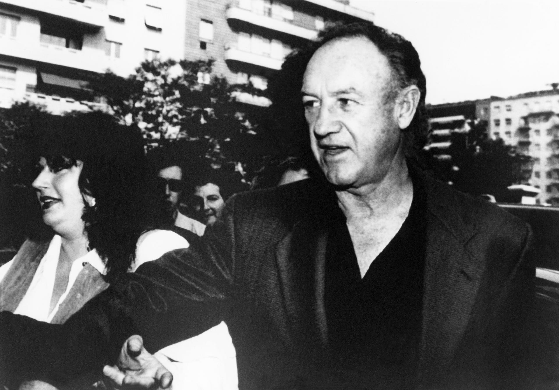 O ator americano Gene Hackman, convidado a participar da cerimônia de premiação &#8216;Telegatto&#8217;, em sua chegada ao hotel Principe di Savoia, em Milão, em maio de 1993.