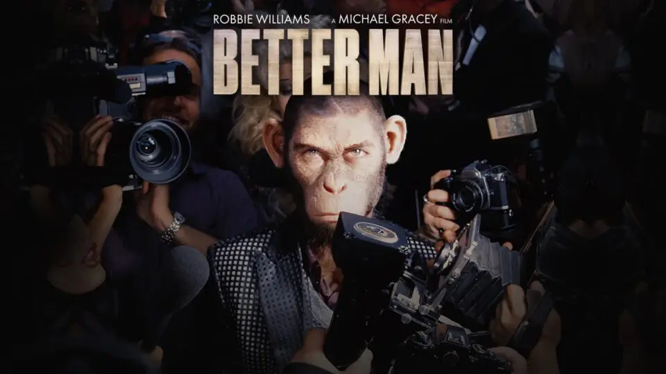 Cartaz do filme reproduzindo a capa de um dos discos mais populares de Robbie Williams