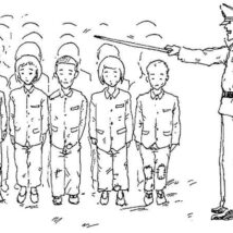 Os professores do Campo 14 eram guardas uniformizados: retratados por Shin no desenho acima, um deles bateu em uma aluna até a morte Imagem referente a matéria