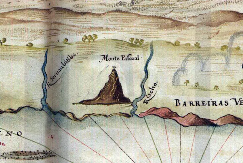 Monte Pascoal retratado em um mapa antigo, no Descobrimento do Brasil.