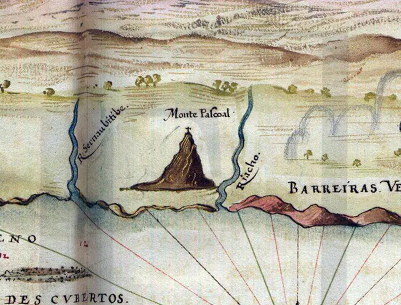 Monte Pascoal retratado em um mapa antigo, no Descobrimento do Brasil.