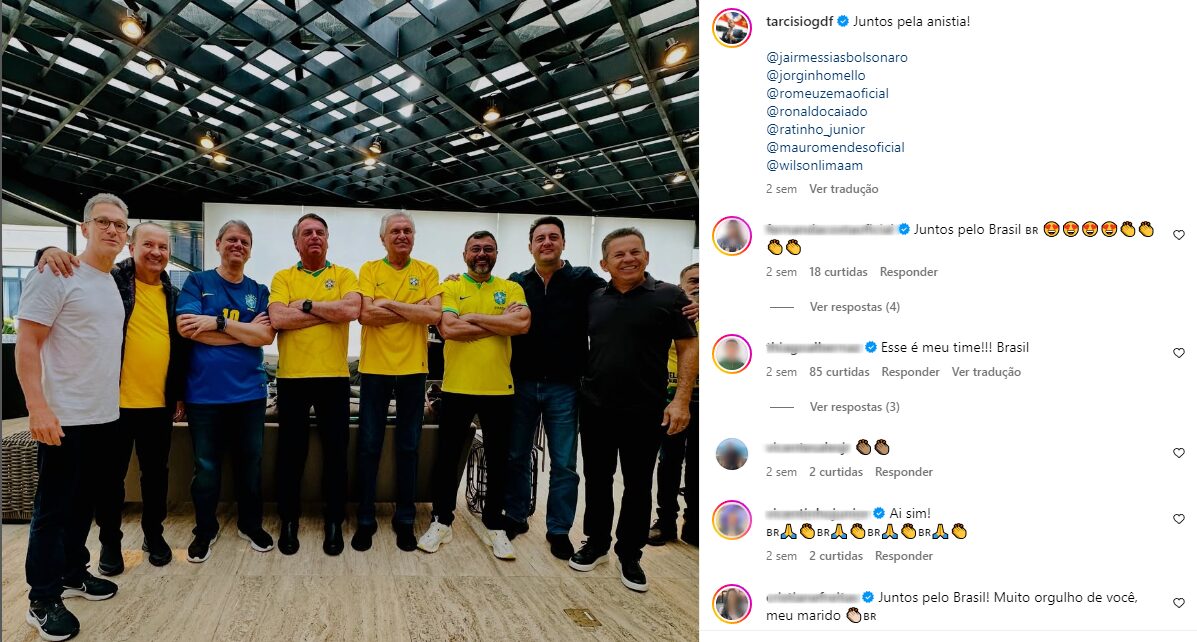 Ex-presidente Jair Bolsonaro
ao lado dos governadores Romeu Zema (MG), Jorginho Mello (SC), Tarcísio de Freitas (SP), Ronaldo Caiado (GO), Wilson Lima (AM), Ratinho Júnior (PR) e Mauro Mendes (MS) se reúnem antes do ato na Paulista em favor da anistia do 8/1
