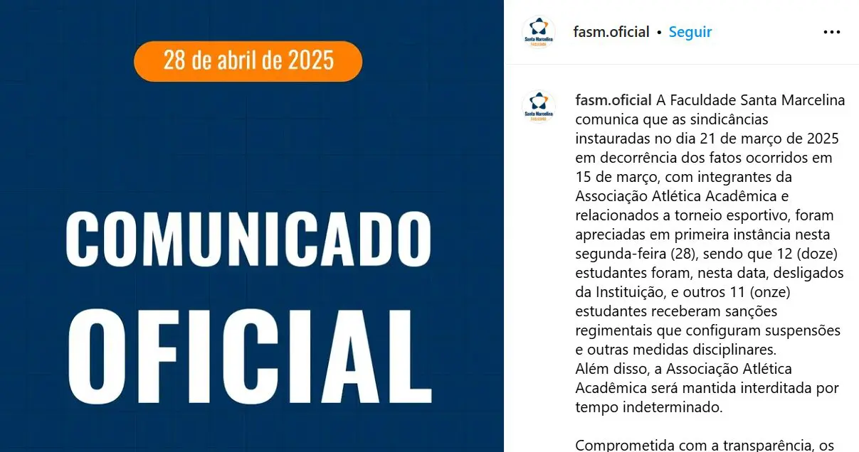 Faculdade expulsa 12 alunos de medicina por faixa com alusão a estupro