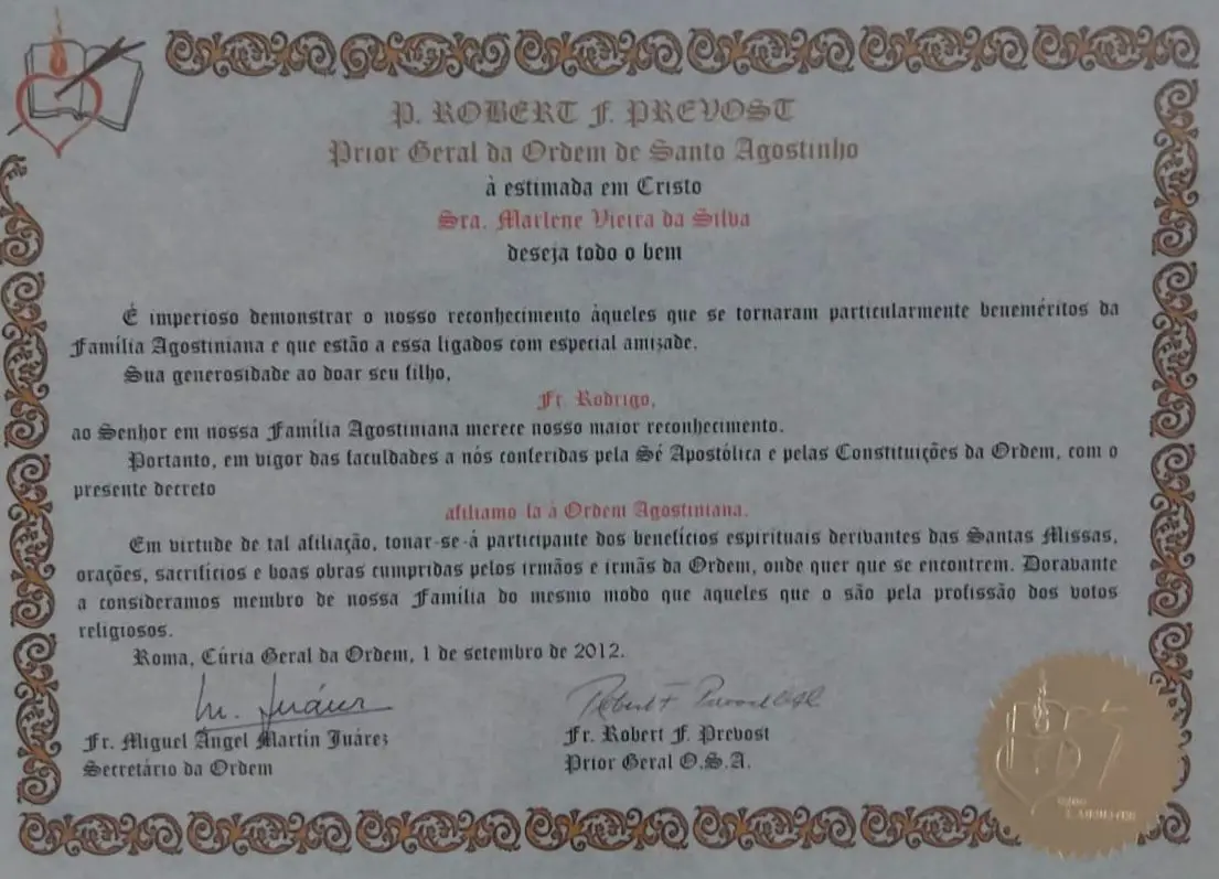 Documento de filiação da Ordem do Agostinianos, assinado por Leão XIV, ainda quando era frei. 