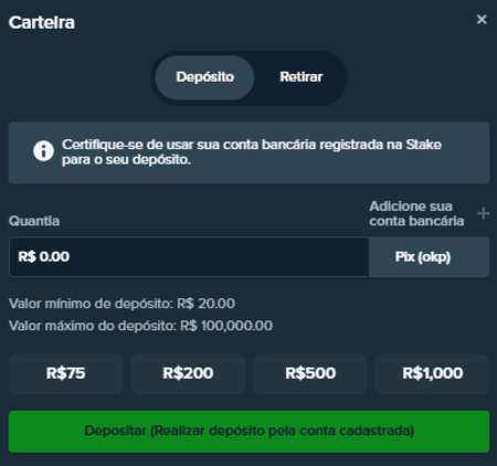 Tela de depósito da Stake
