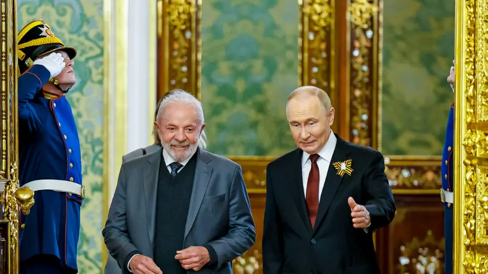 O presidente Luiz Inácio Lula da Silva, durante reunião com o ditador da Rússia, Vladimir Putin, no Grande Palácio do Kremlin, em Moscou, no dia 09 de maio de 2025.