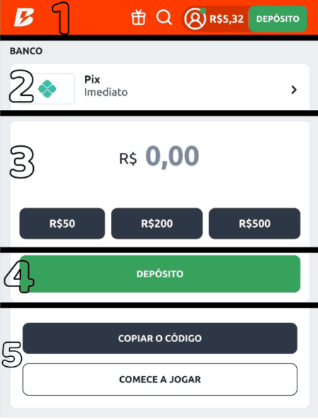 Processo de depósito na Betano
