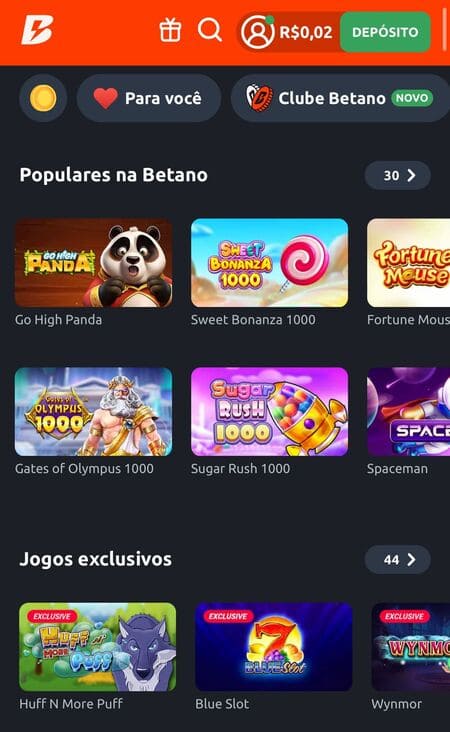 Tela inicial do Cassino Betano