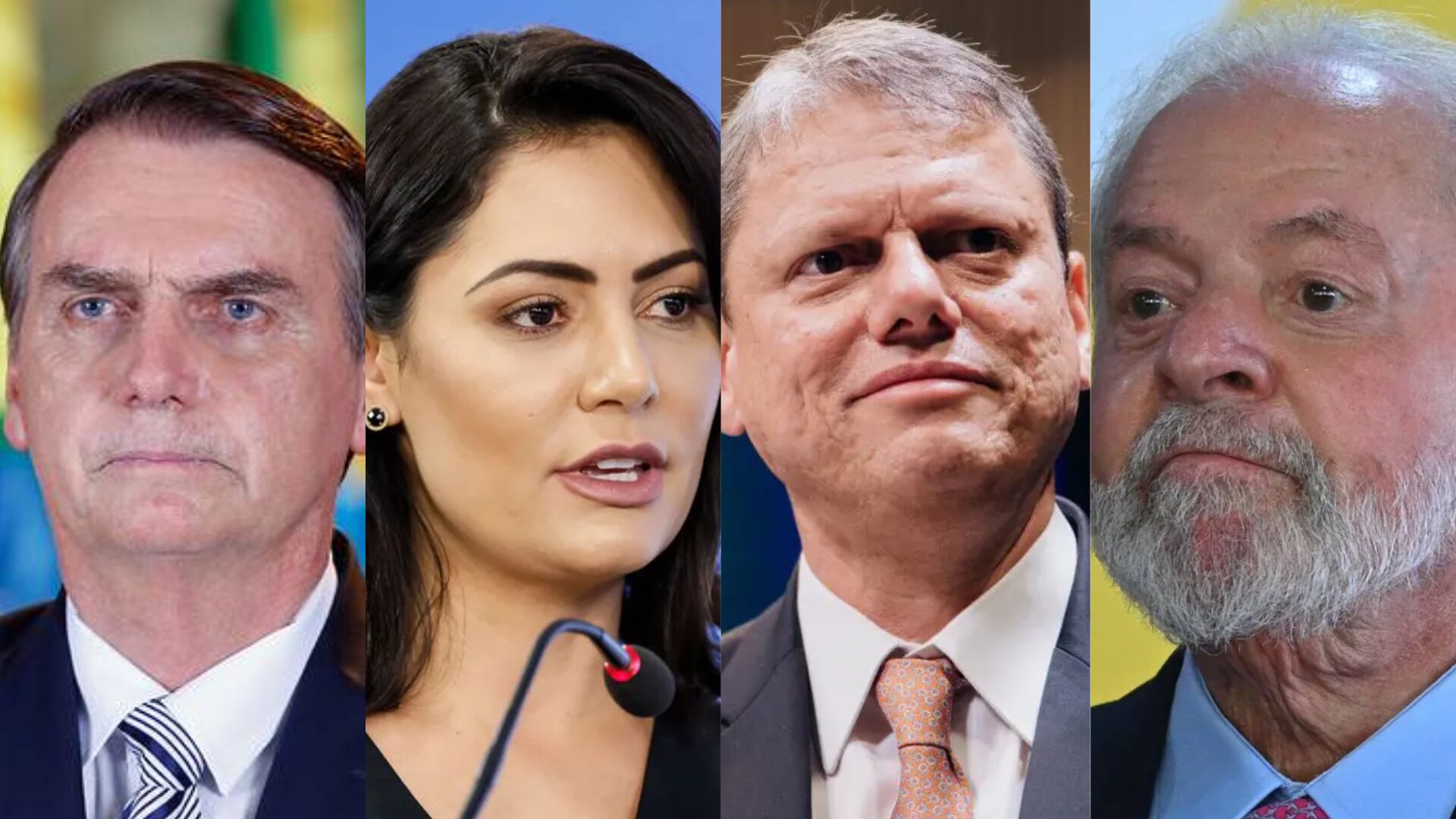 O ex-presidente Jair Bolsonaro; a ex-primeira-dama, Michelle Bolsonaro; o governador de São Paulo, Tarcísio de Freitas; e o presidente Lula