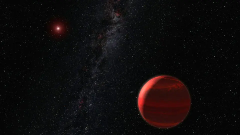 Ilustração do espaço. No local, que possui fundo preto, possui um exoplaneta.