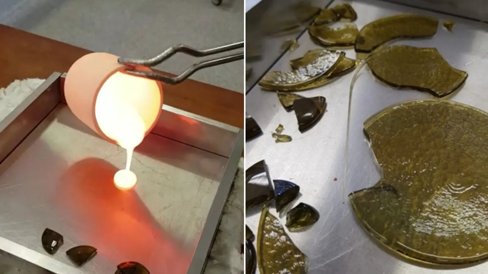 O composto em estado líquido (esq.) e no formato vítreo: desempenho agronômico do fertilizante de vidro foi 70% superior ao NPK convencional nos testes.