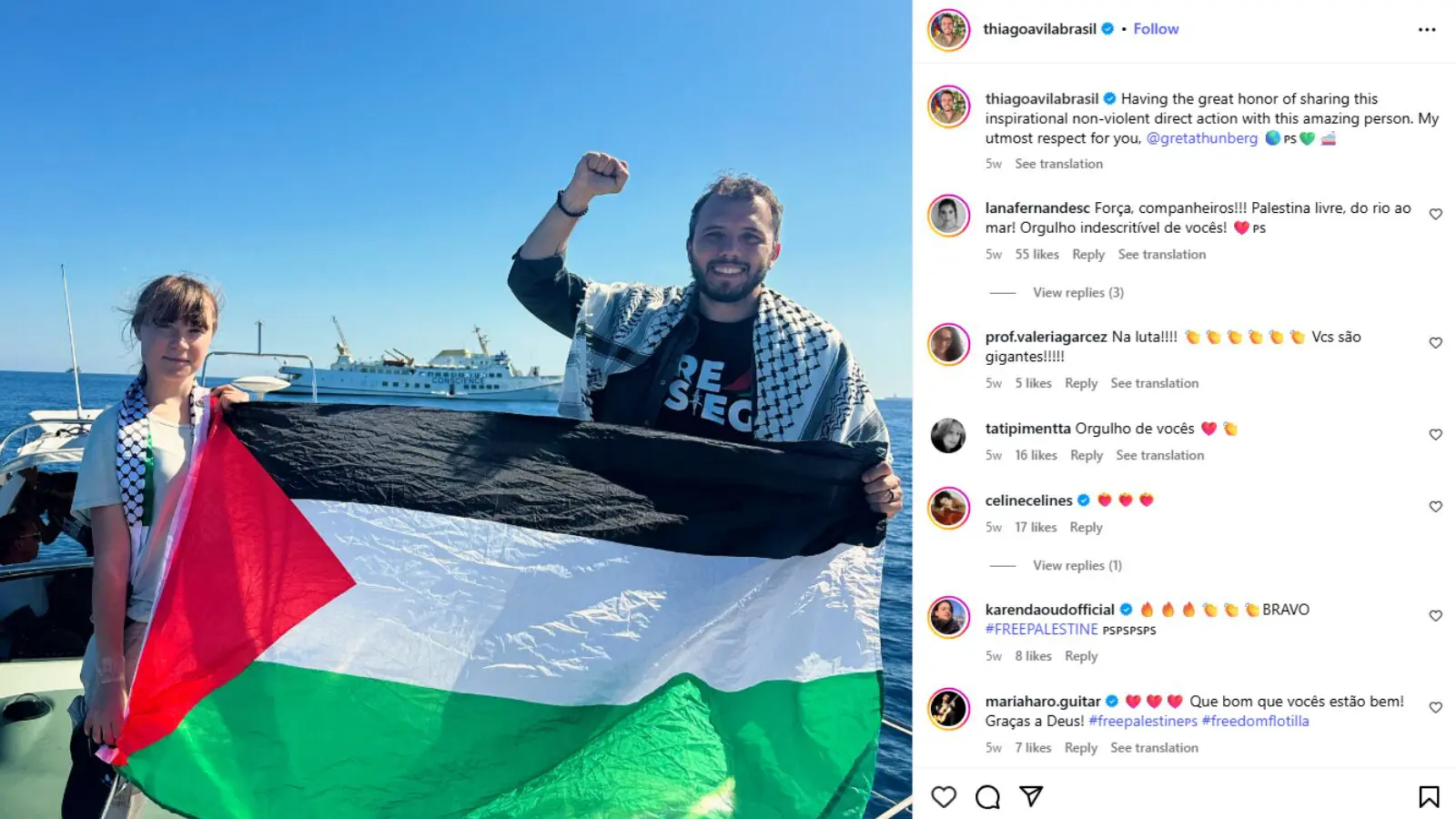 Thiago Ávila ao lado de Greta Trunberg na "Flotilha da Liberdade"