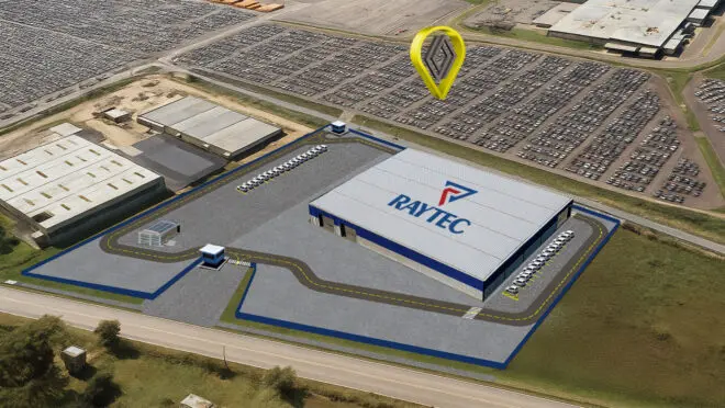 Visão do futuro em construção. Imagem aérea simula como será a nova planta industrial da RAYTEC Veículos Especiais, estrategicamente posicionada ao lado da Renault Brasil, no Complexo Ayrton Senna – São José dos Pinhais (PR).