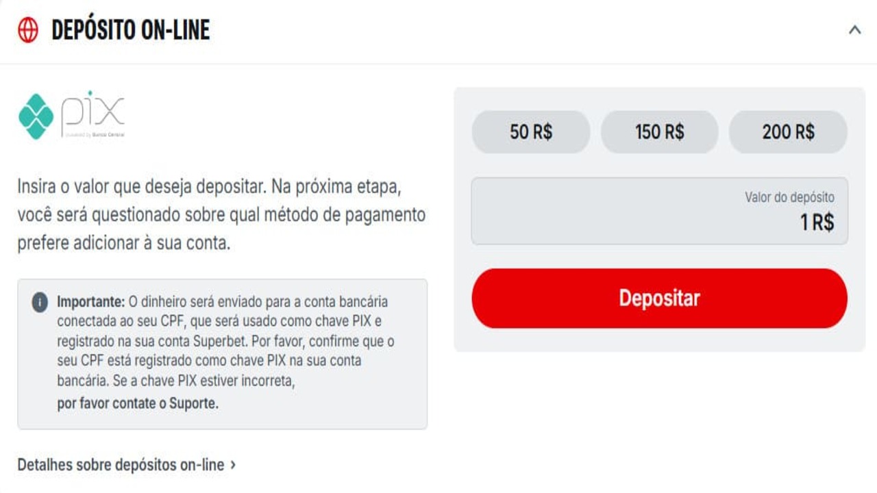 Tela de depósito na Superbet
