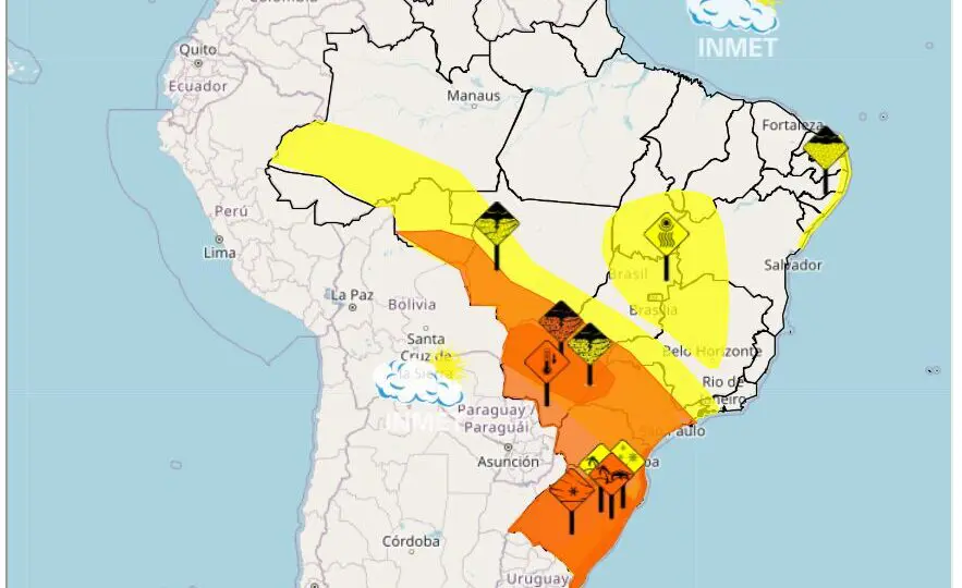 Print que mostra as áreas em alerta pelo Inmet.