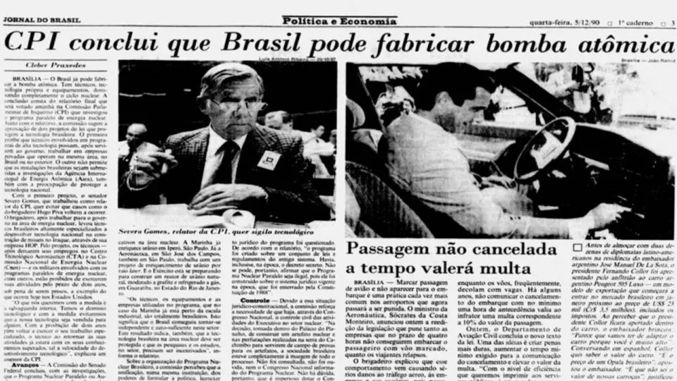 Em 1990, Jornal do Brasil reproduziu conclusões de CPI sobre tecnologia nuclear.