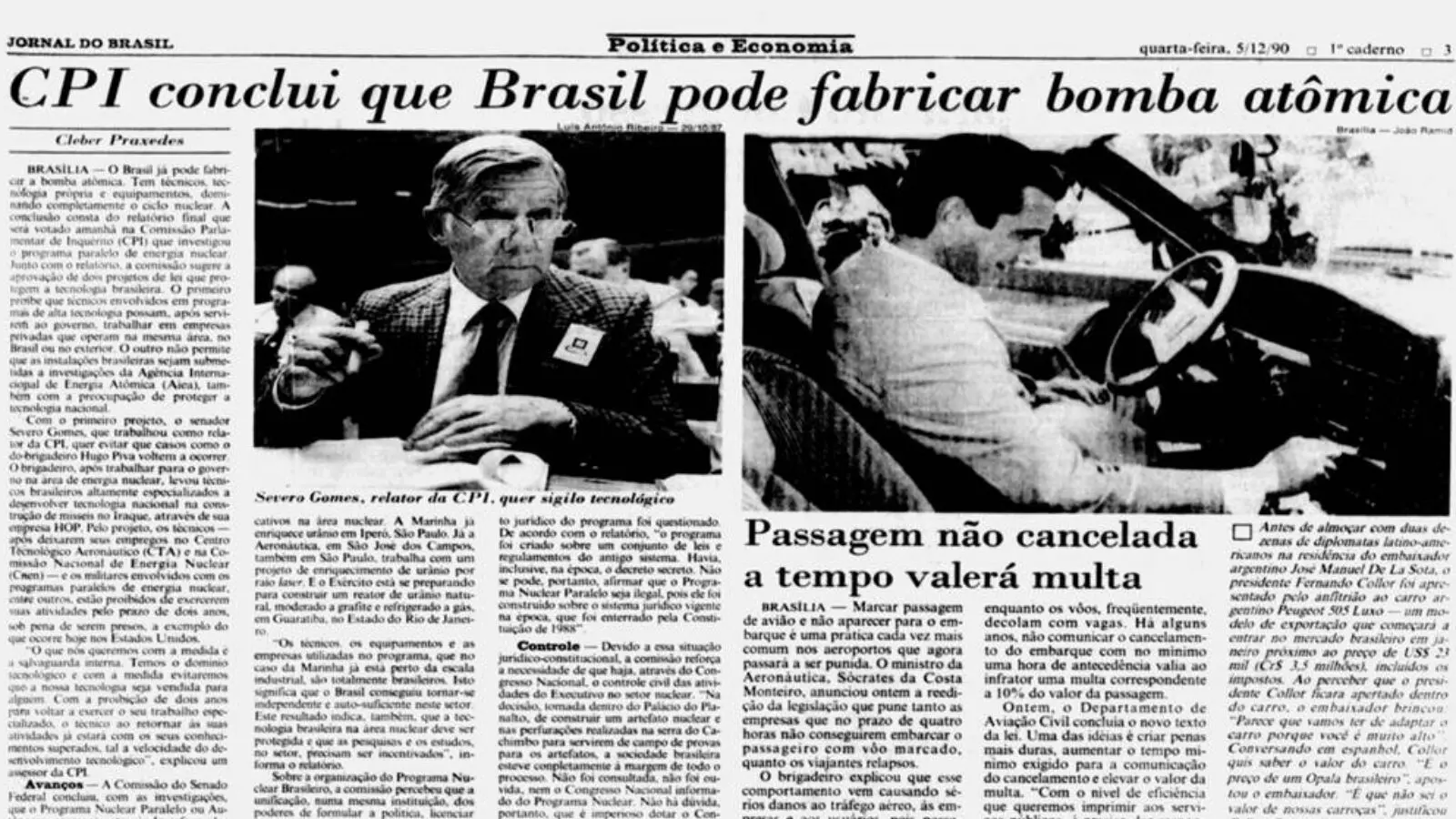 Em 1990, Jornal do Brasil reproduziu conclusões de CPI sobre tecnologia nuclear.