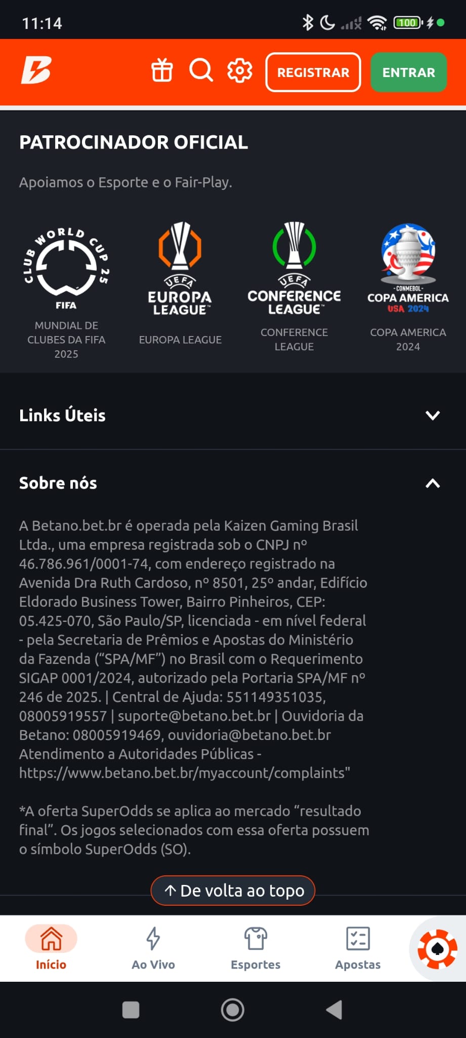 Licença de funcionamento da Betano no rodapé da plataforma