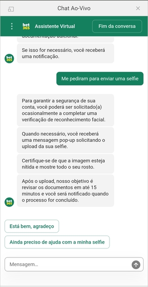 Exemplo de uso do chat na bet365