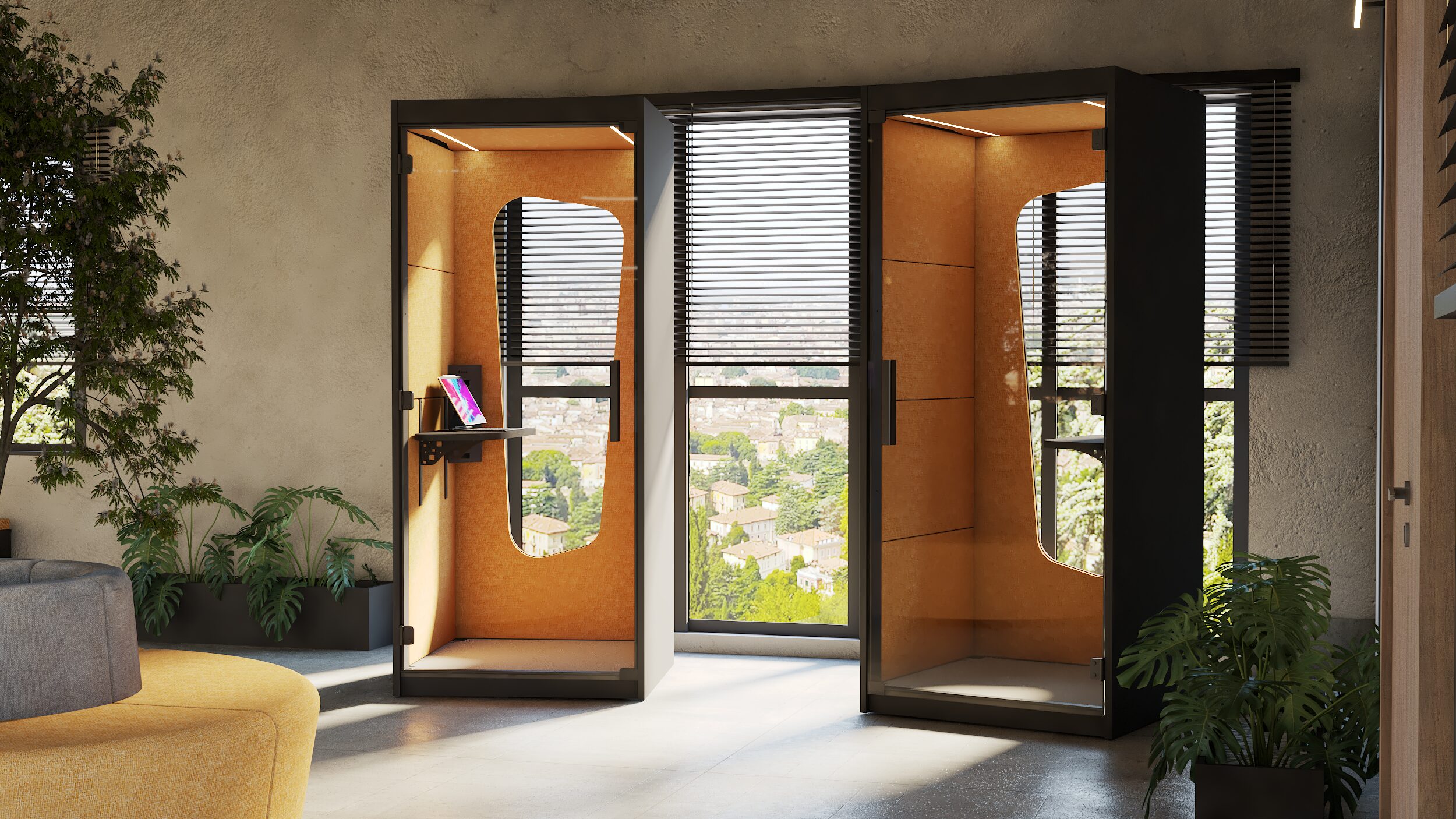 As cabines acústicas garantem privacidade para chamadas e reuniões