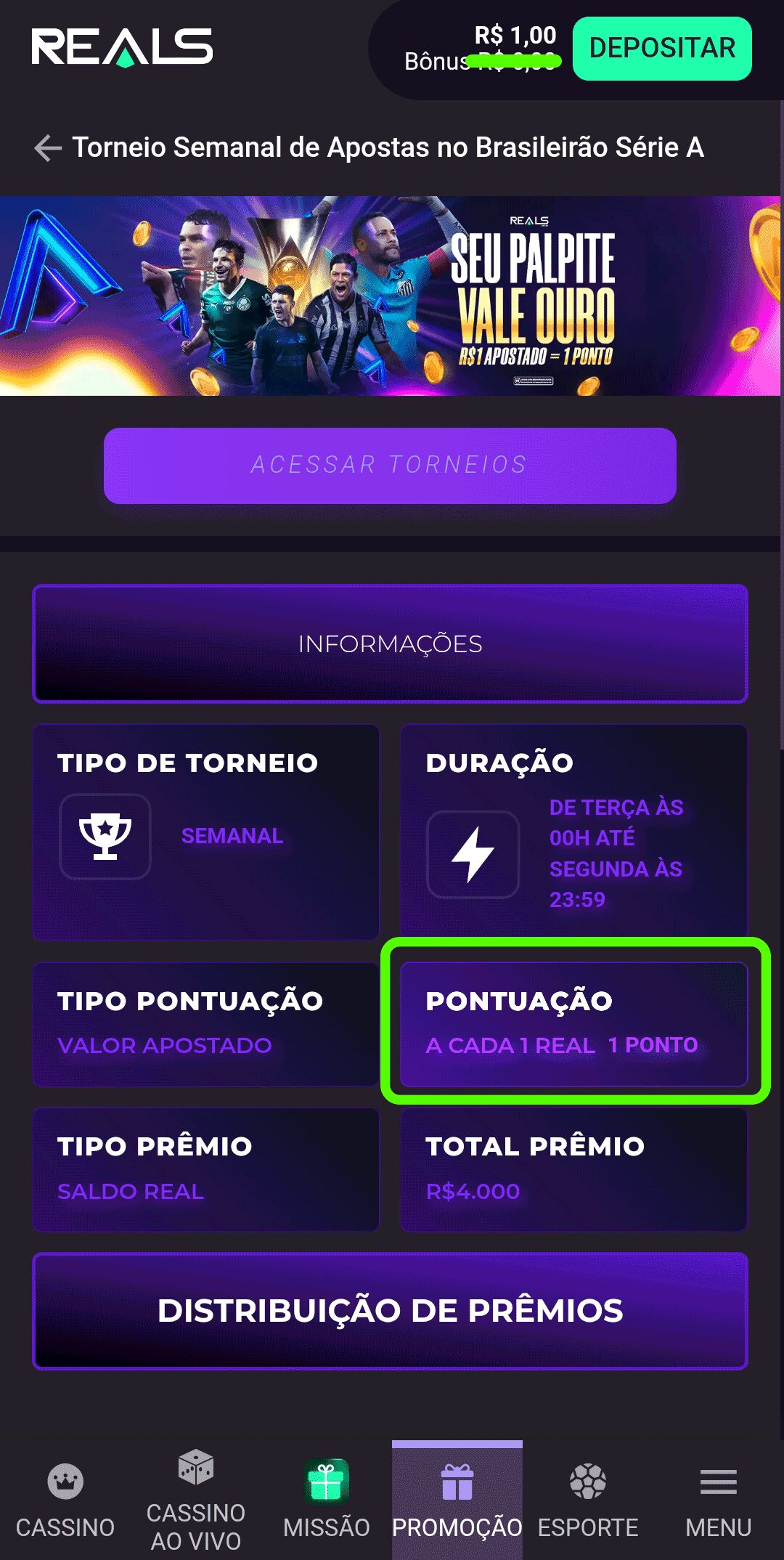 Torneio da Reals Bet com entrada a partir de R$1