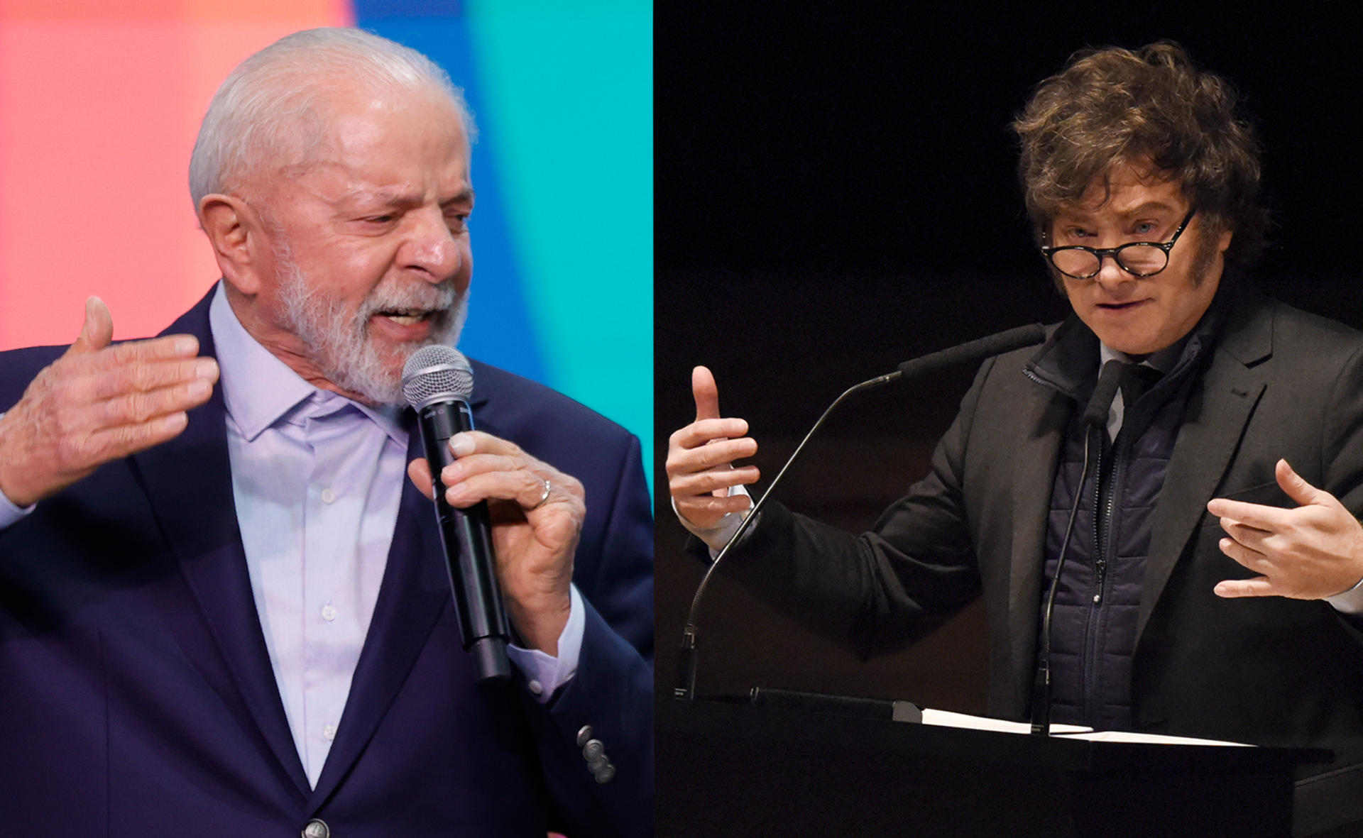 O presidente do Brasil, Luiz Inácio Lula da Silva, e o presidente da  Argentina, Javier Milei