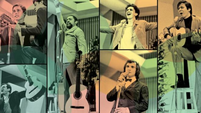 Mosaico com os artistas que se apresentaram no festival da TV Record