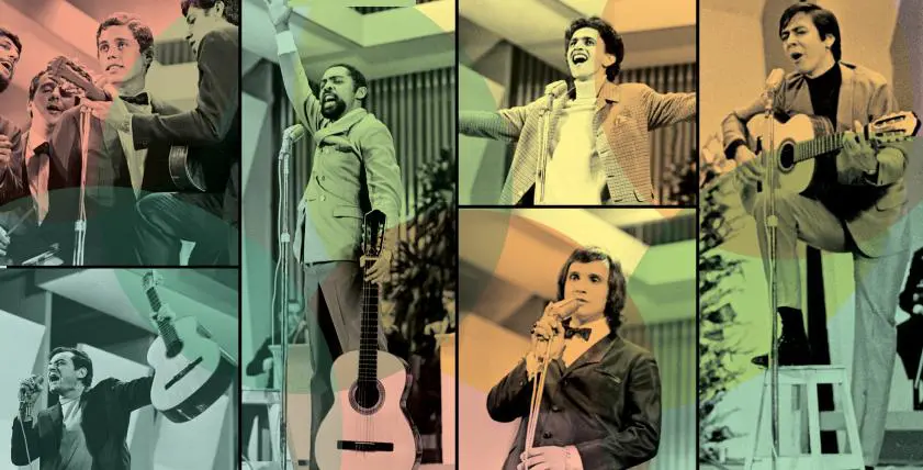 Mosaico com os artistas que se apresentaram no festival da TV Record