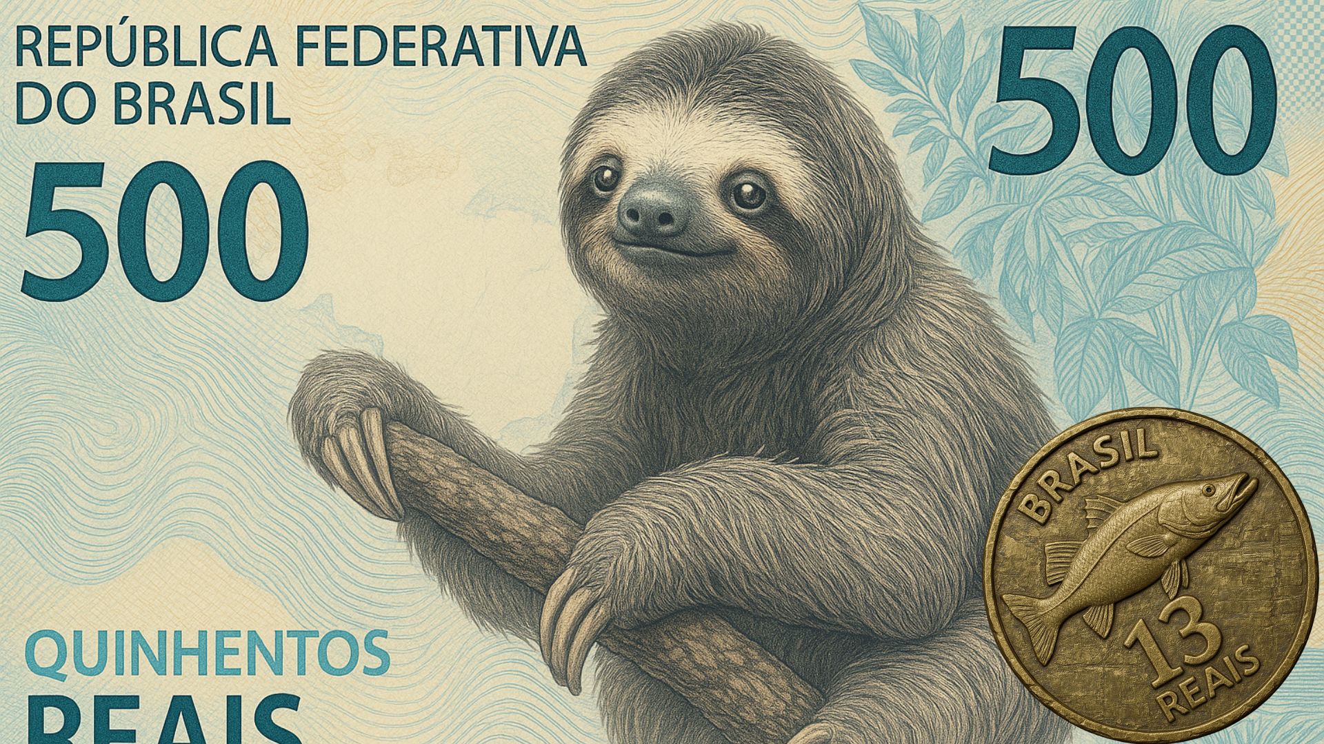 Nota de R$500 com o bicho-preguiça. Ou apenas preguiça, para quem tem preguiça.