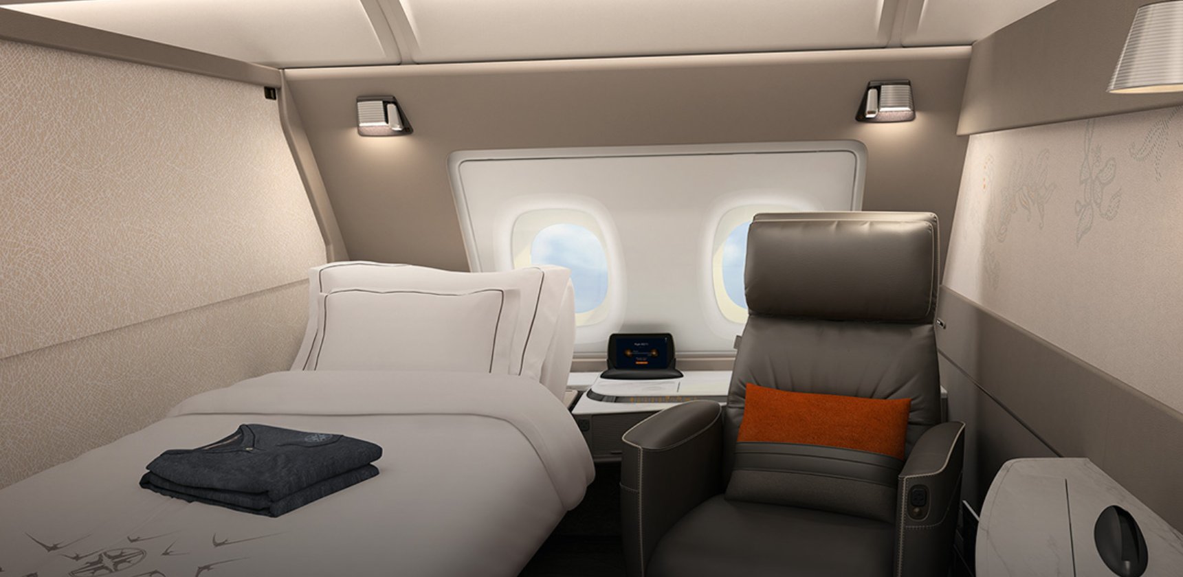 Suítes do Airbus A380 da Singapore Airlines operam em rotas selecionadas.