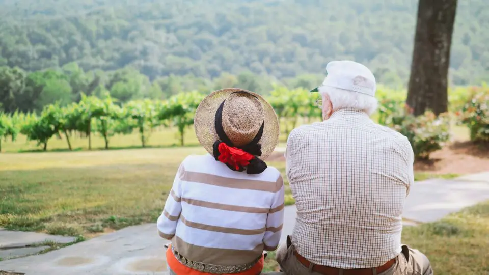 Casal de idosos sentados de costas para a câmera, em passeio turístico.