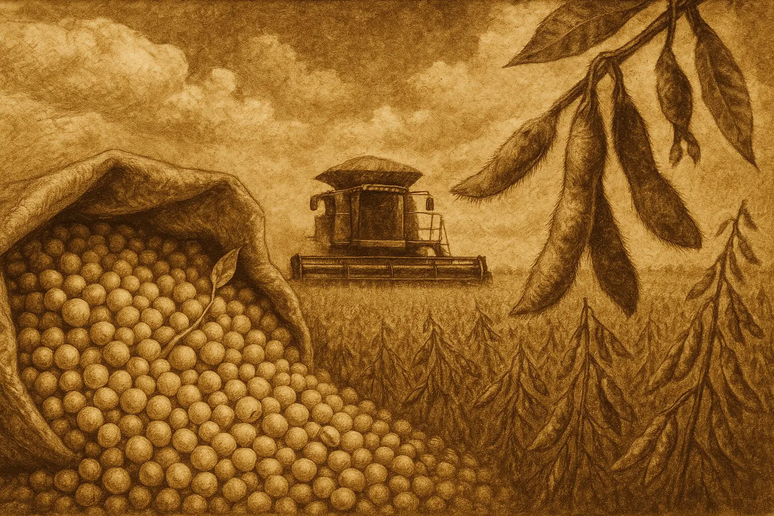 Arte feita com inteligência artificial sobre a substituição do café pela soja na agroindústria do Paraná após a geada negra