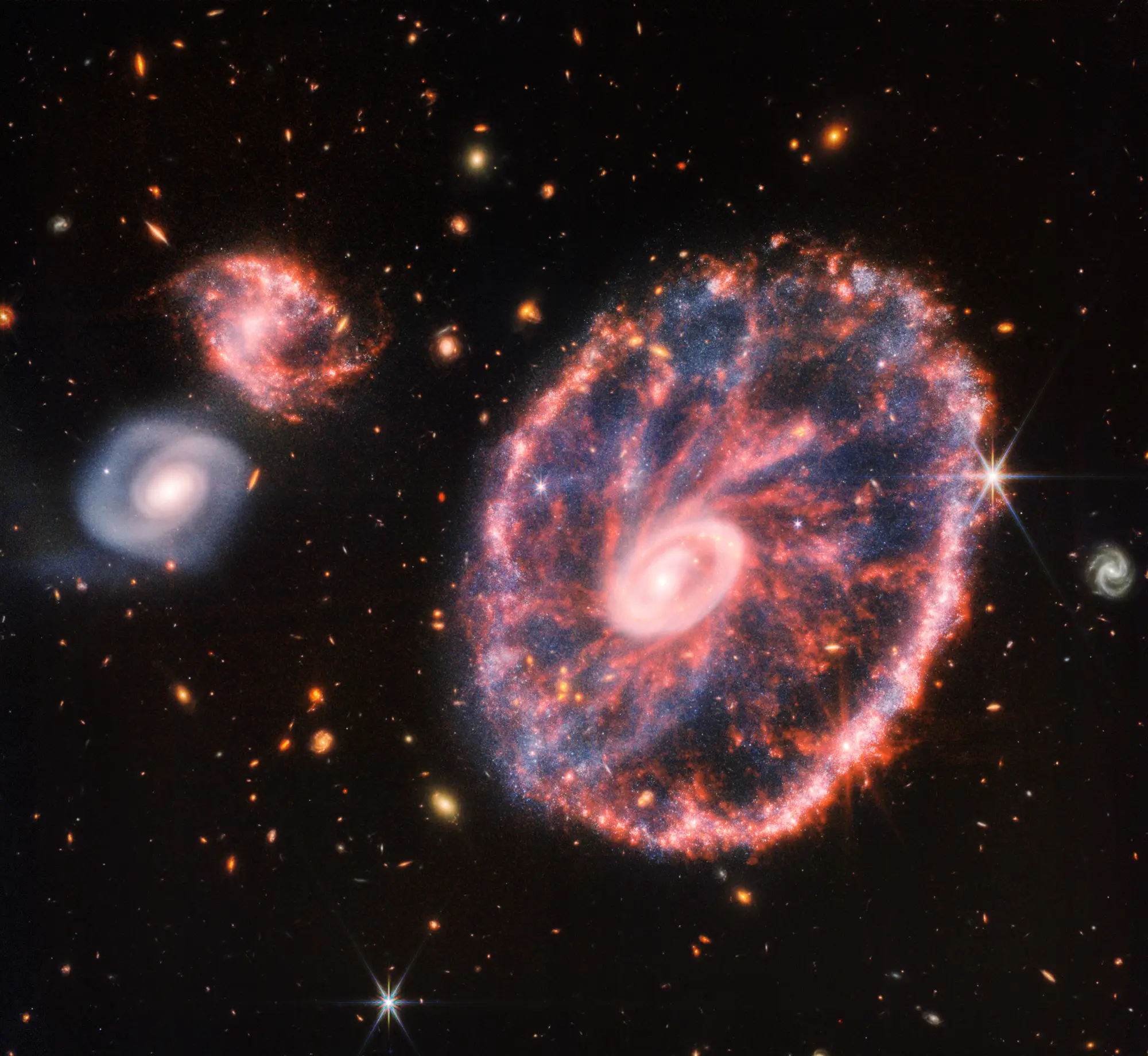 Image of car wheel galaxy, recorded by the James Webb telescope.