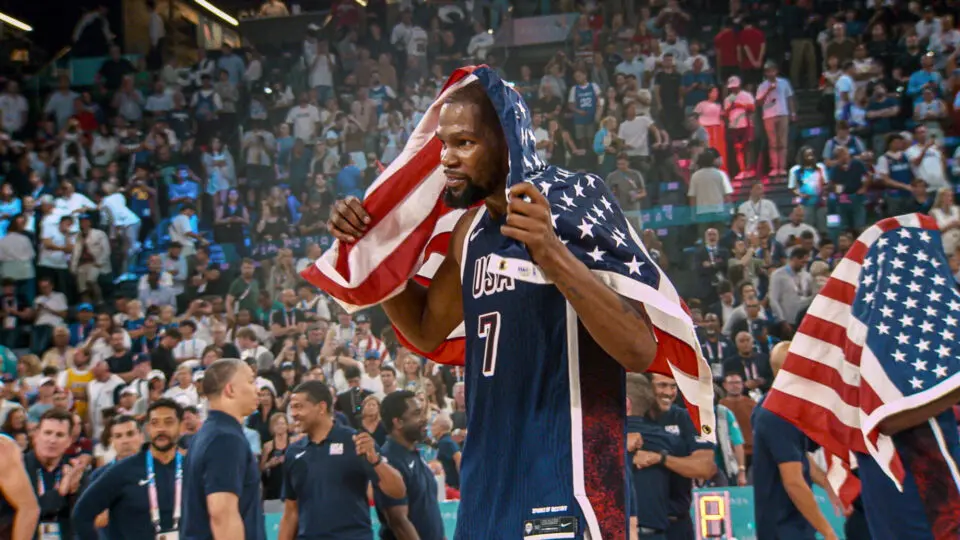 O astro da NBA Kevin Durant, que jogou muito nas Olimpíadas de Paris, em 2024