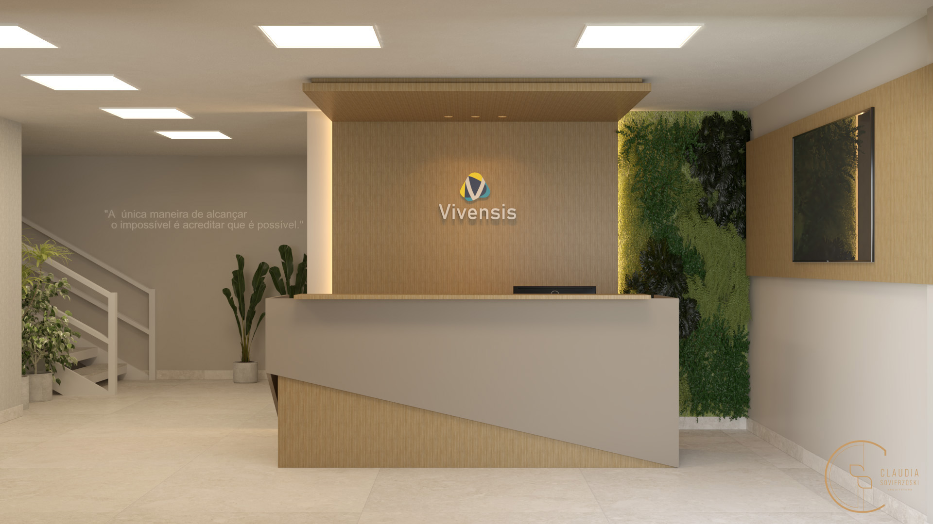 Elementos do design biofílico, como plantas e jardim vertical, criam um ambiente acolhedor e funcional.