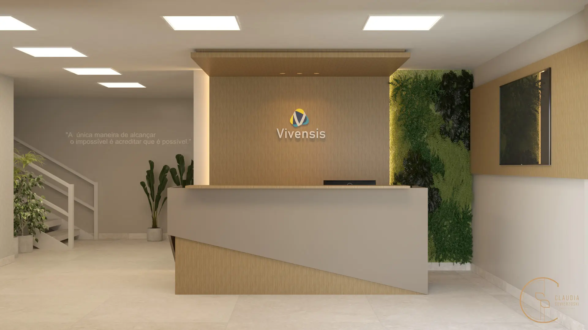 Elementos do design biofílico, como plantas e jardim vertical, criam um ambiente acolhedor e funcional.