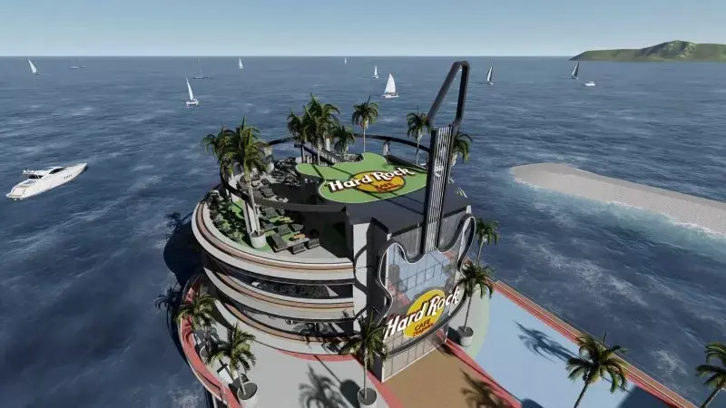 Primeiro Hard Rock Cafe construído sobre as águas terá três pavimentos, incluindo guitarras gigantes na fachada, com restaurante, bar temático e loja de souvenirs, prometendo uma experiência imersiva no mundo do rock.