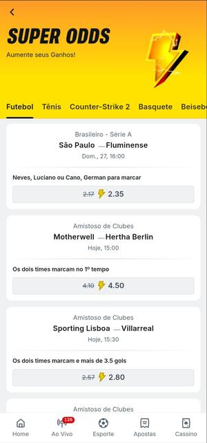 Seção de Super Odds da Superbet com cotações aumentadas para Futebol e outros esportes