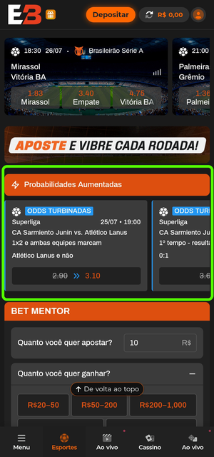 Seção de Probabilidades Aumentadas na página inicial da Esportivabet