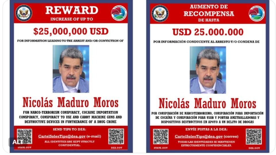 EUA reiteram recompensa de US$ 25 milhões por informações que levem à captura de Maduro