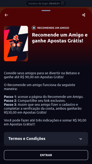 Oferta especial "Recomende um Amigo", disponível na Betano
