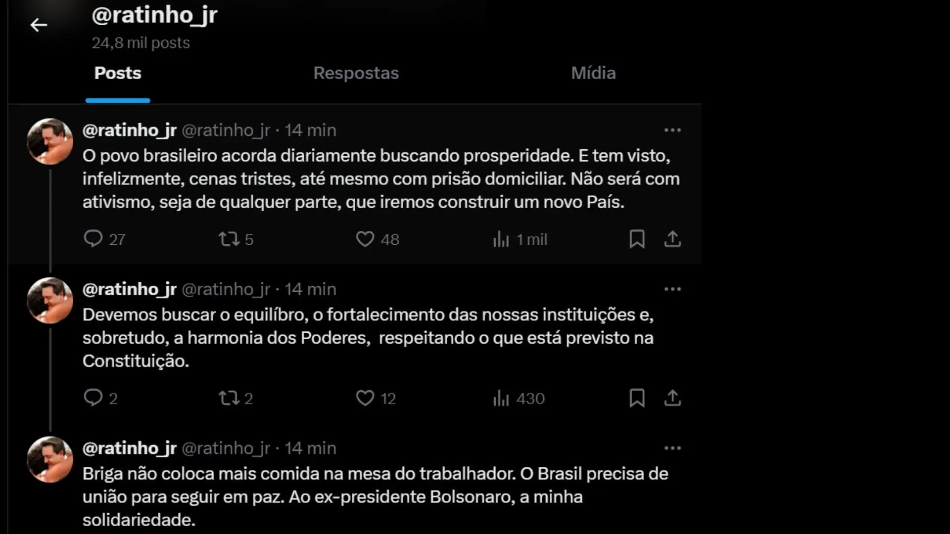 O governador Ratinho Jr. (PSD) se comunicou sobre a prisão de Bolsonaro em uma série de postagens no X